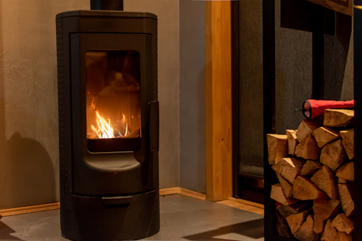 A wood burning stove in a living room