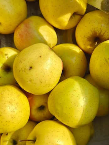 A pile of yellow apples sitting next to each other