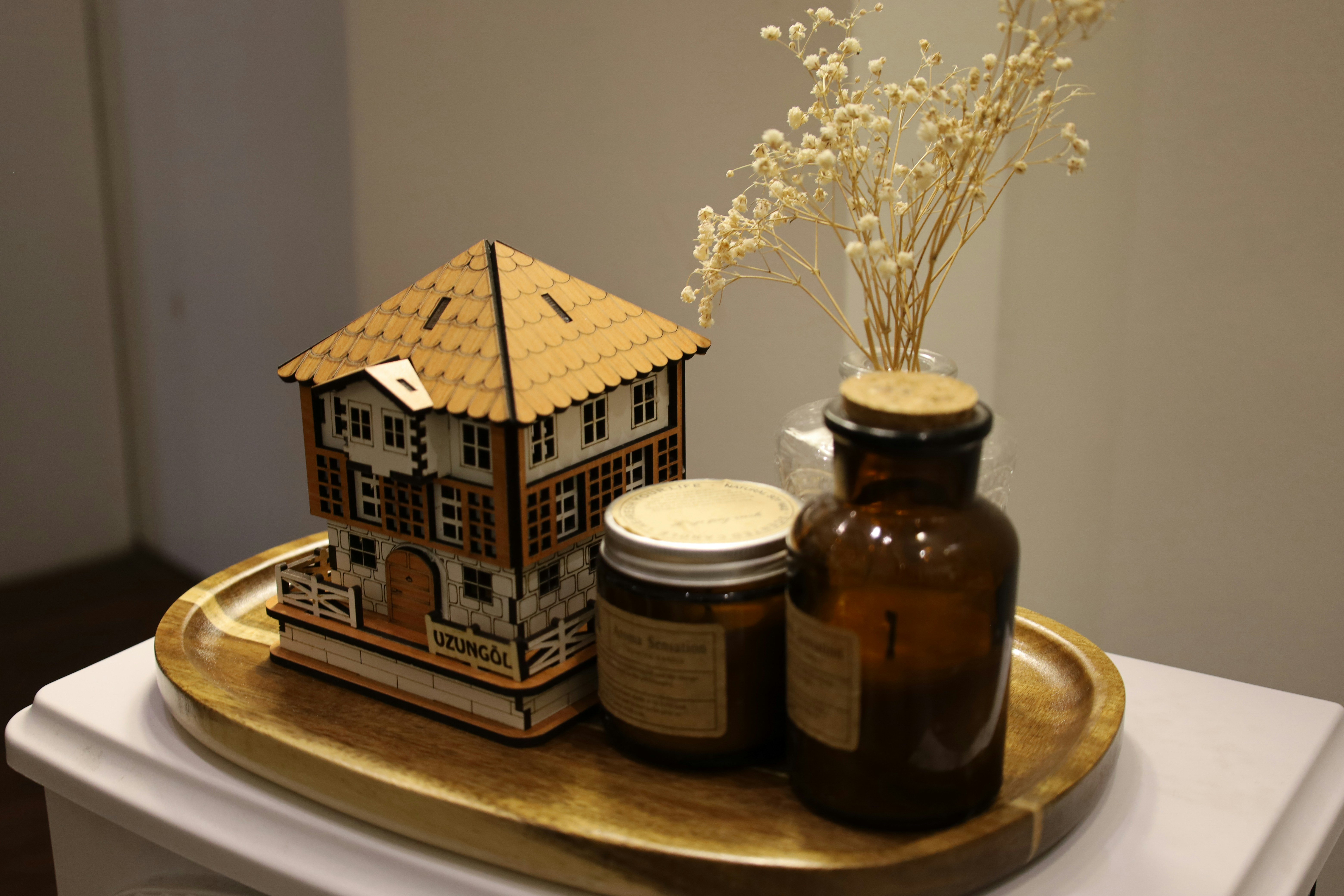 A small white model house sits next to a piggy bank on a clean, bright surface, symbolizing saving money on a home sale.