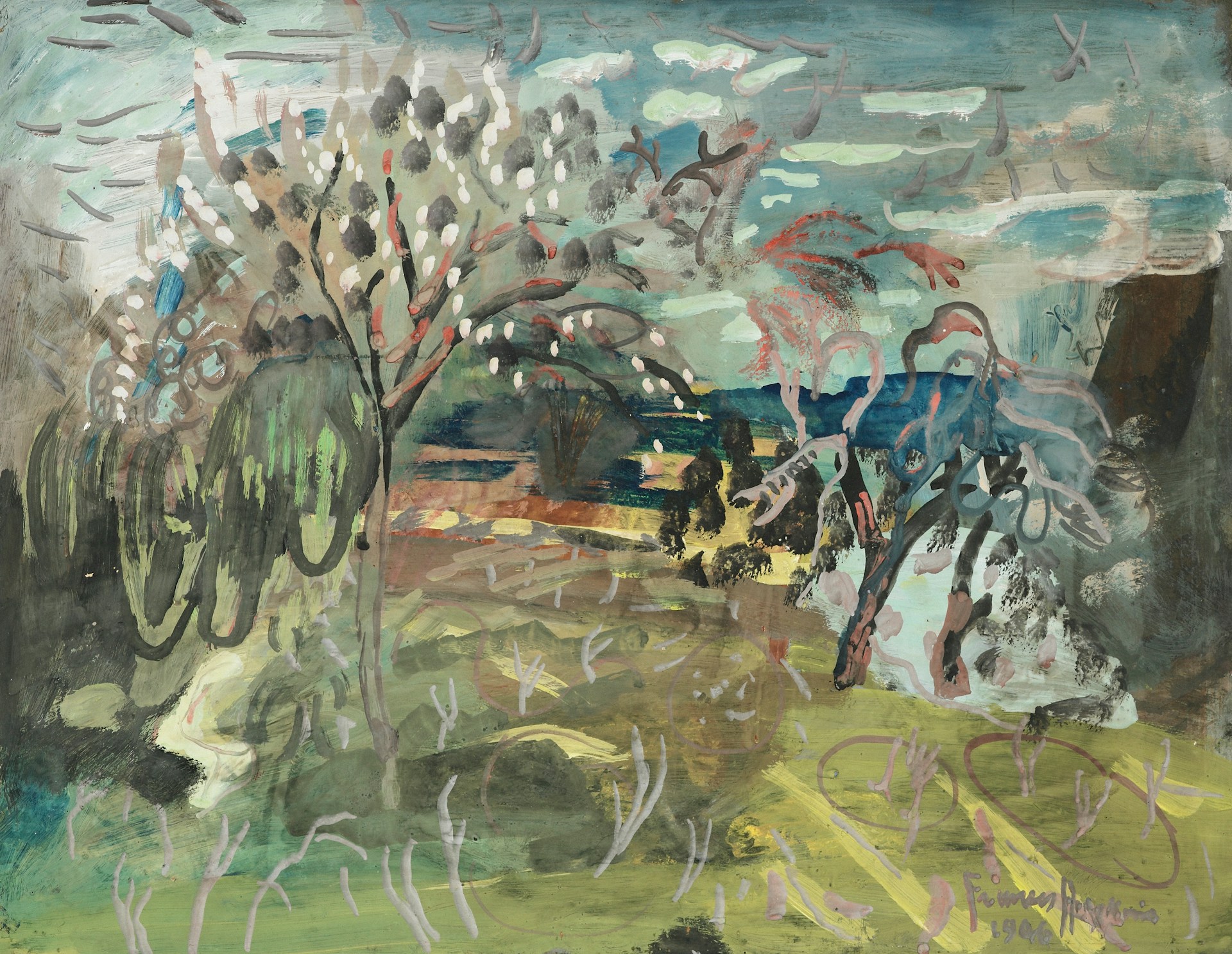 A serene landscape is painted with soft colors.