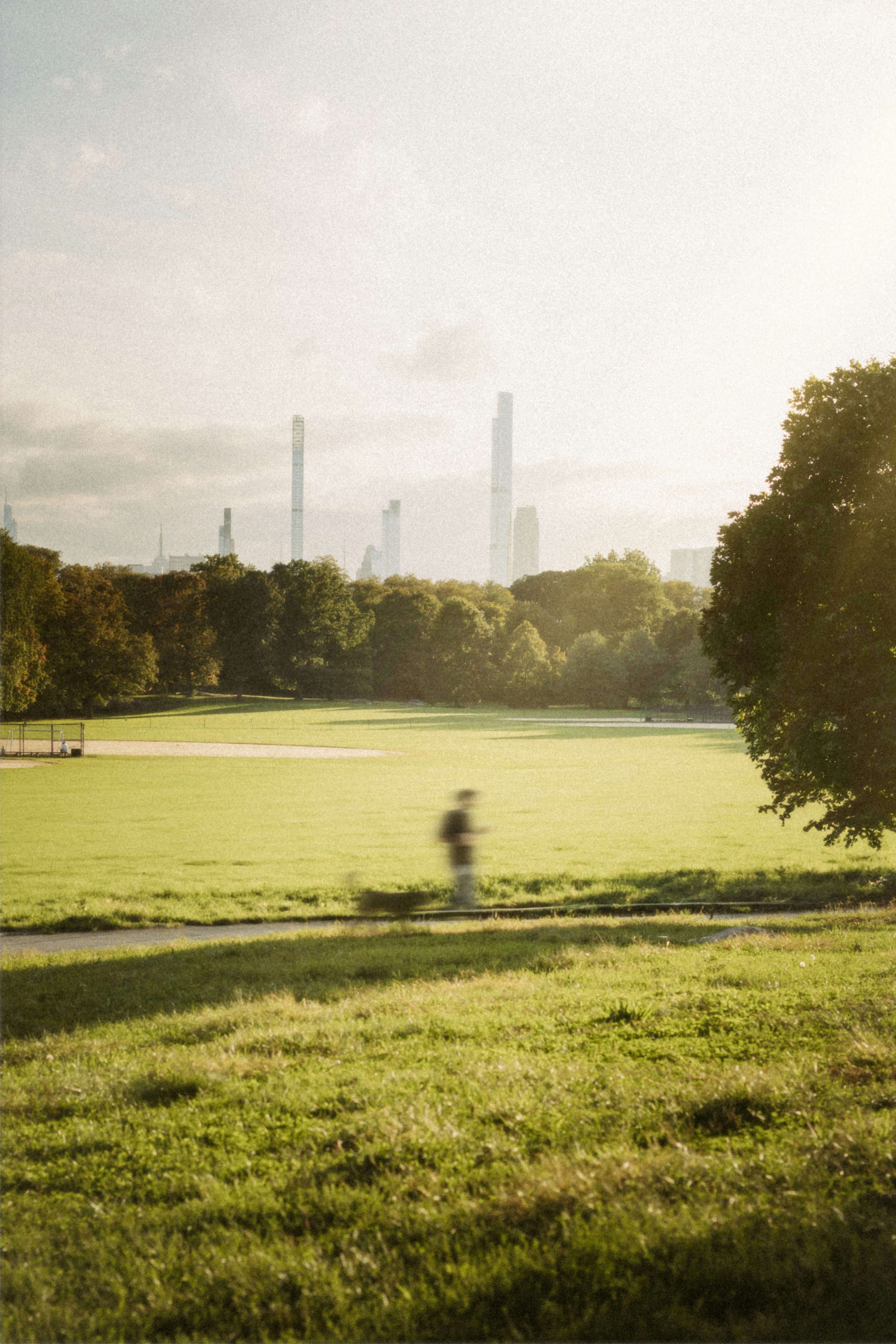 A person running in a park near a tree