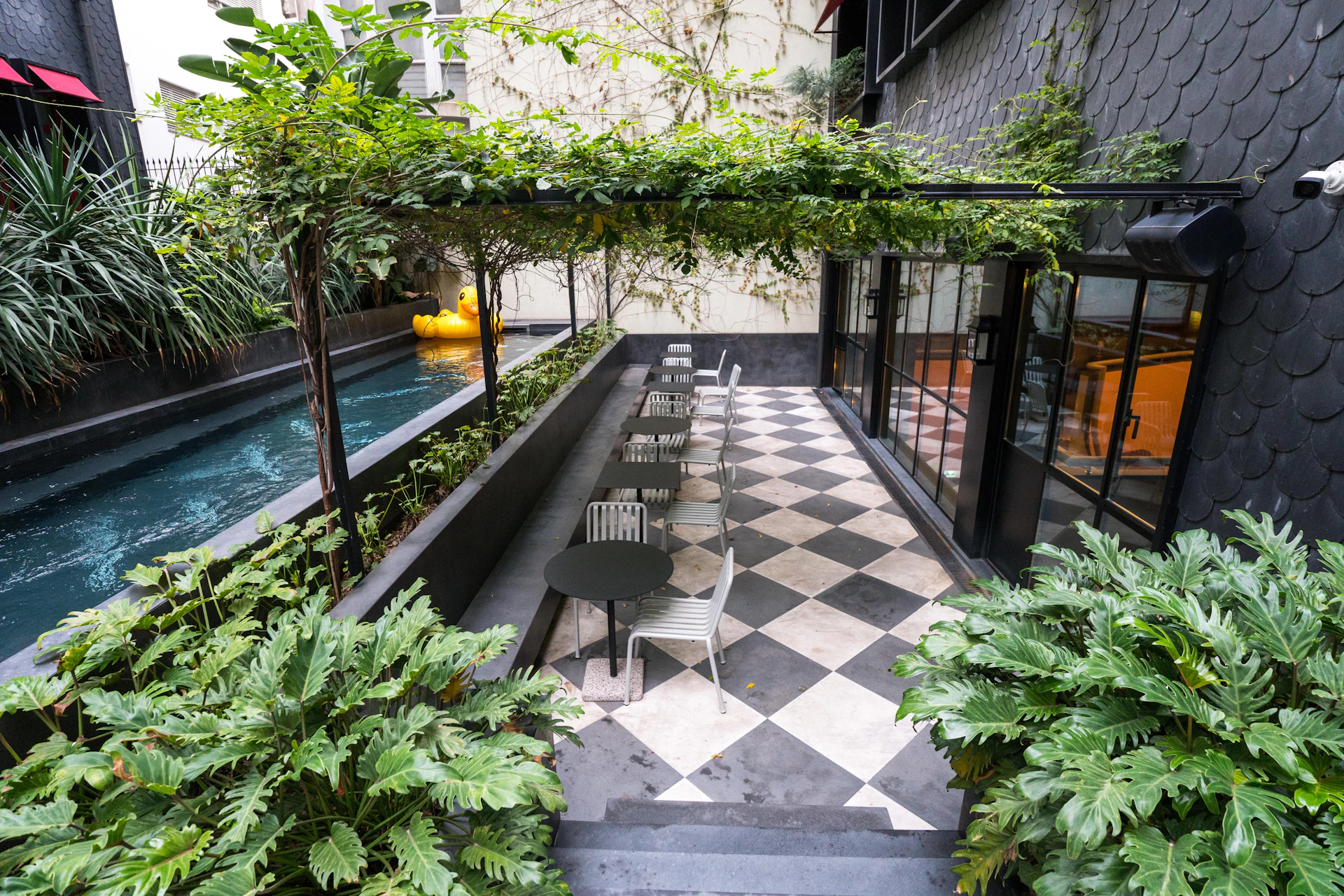 A courtyard with a checkerboard floor and green plants