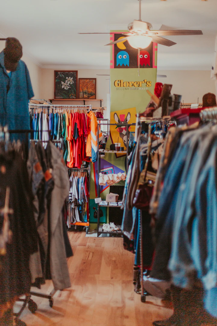 A store filled with lots of clothes and a ceiling fan