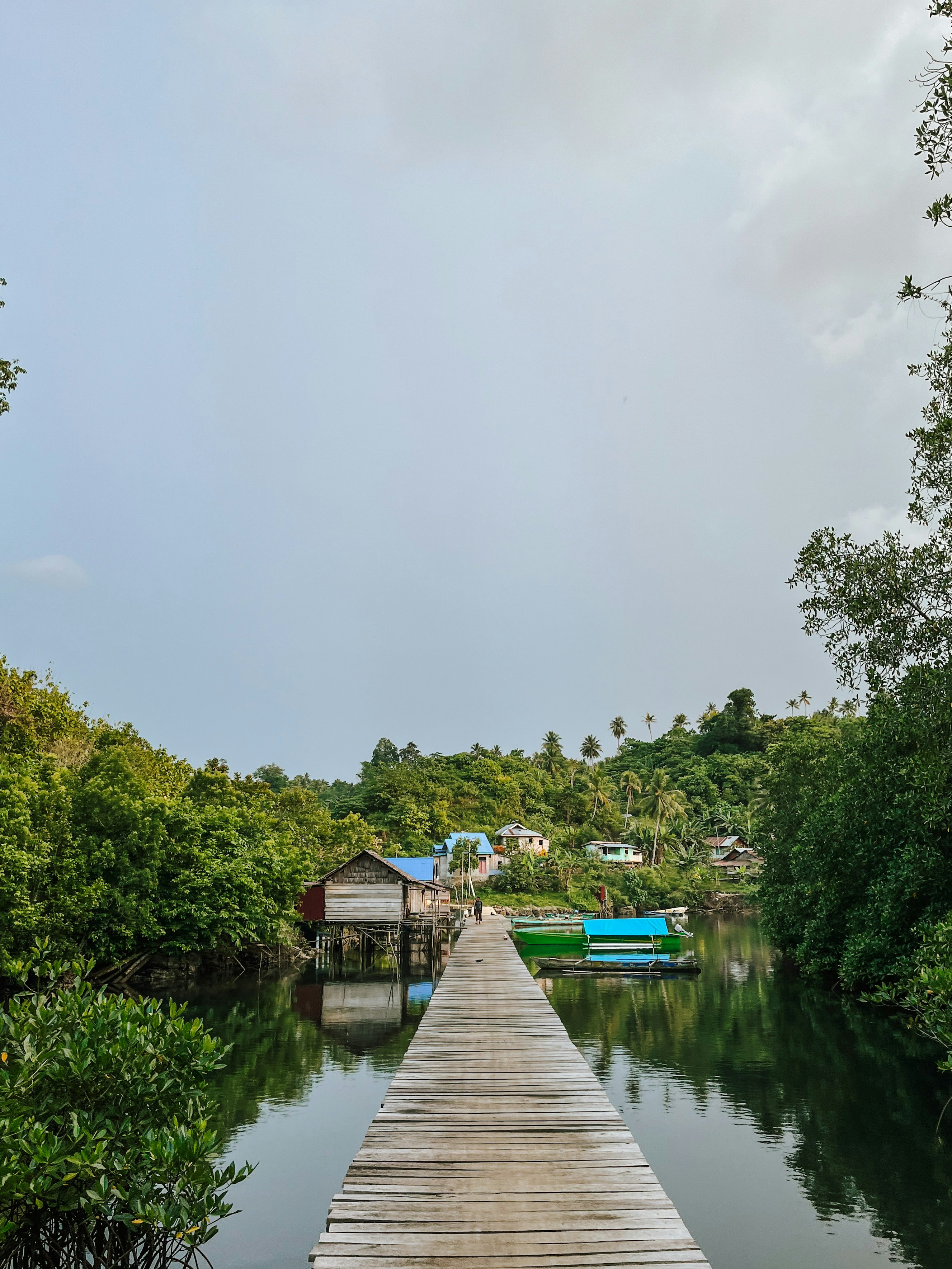 A wooden dock leading to a house on a lake