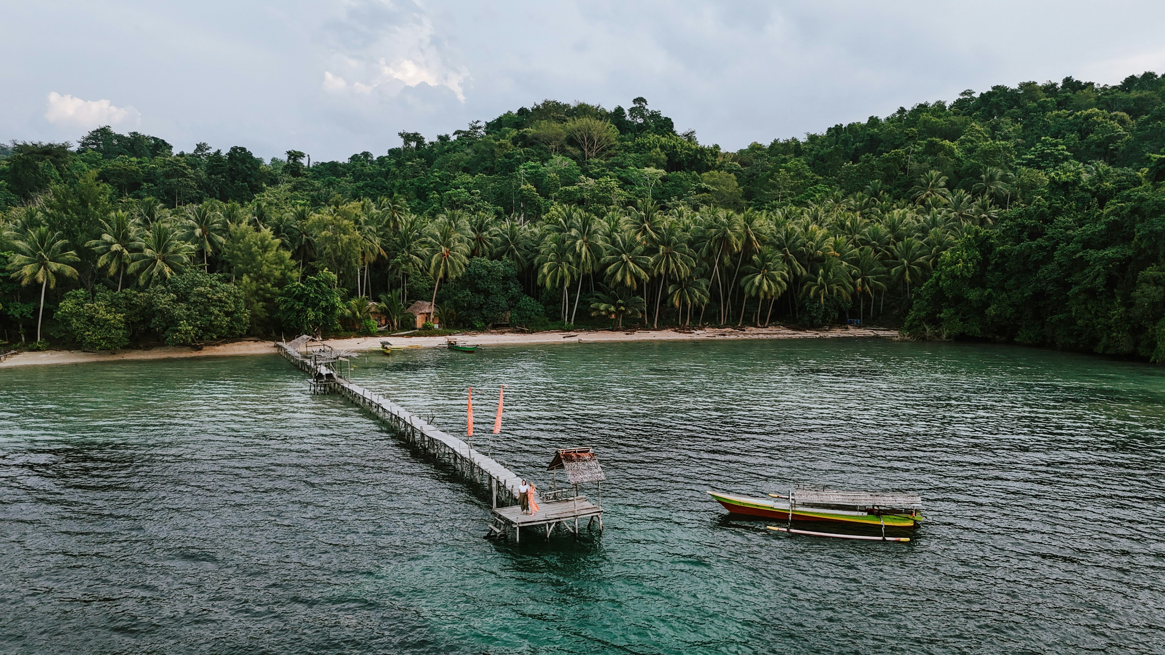 A body of water surrounded by trees and a dock