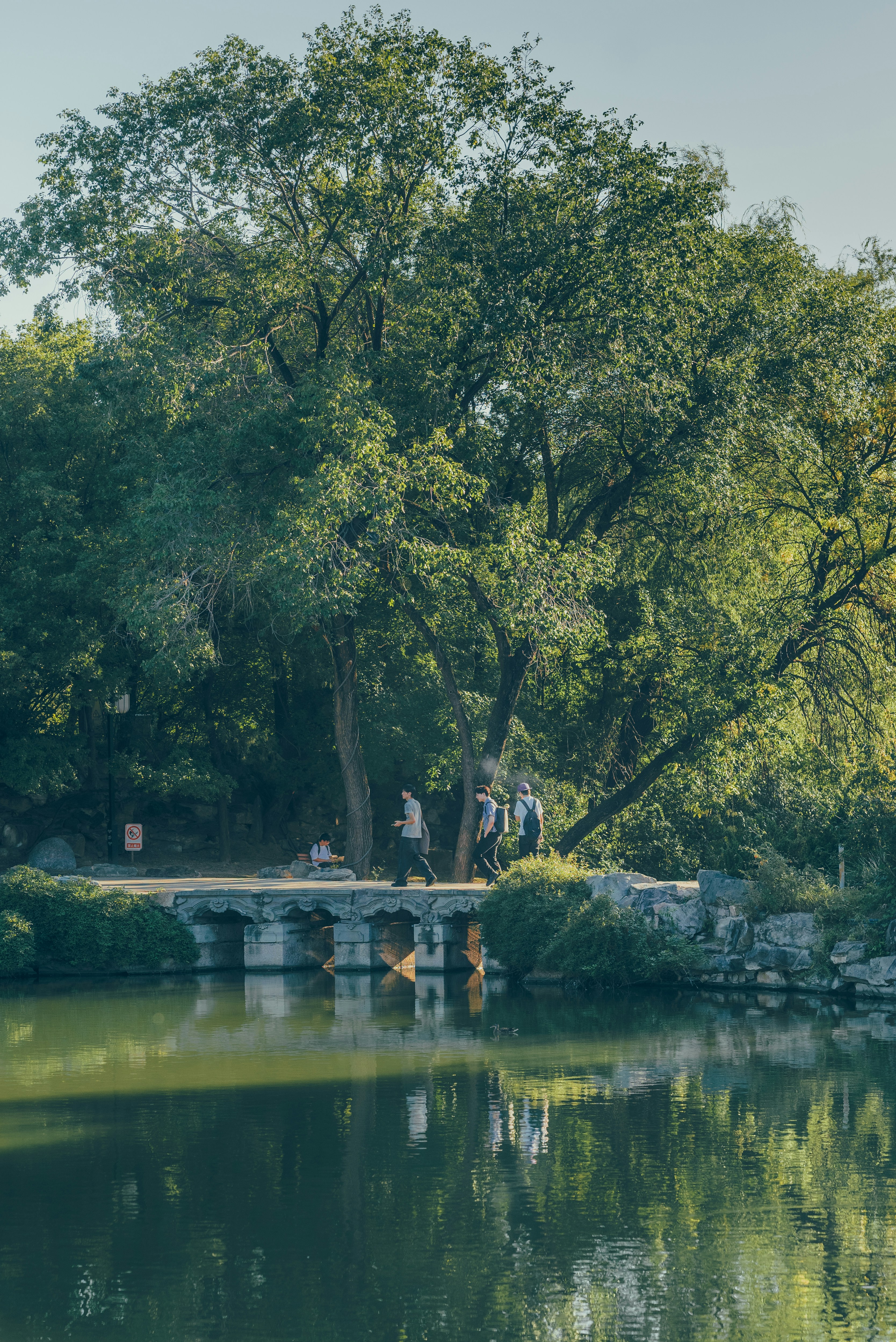 People are standing on a bridge over a lake