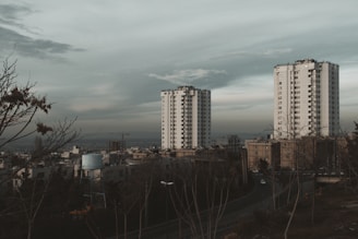 A view of a city with tall buildings