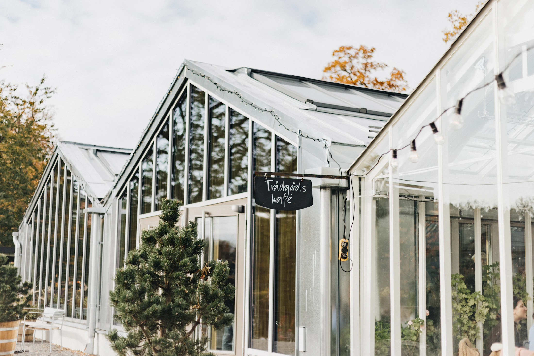 Une orangerie de verre blanche au milieu d'un jardin