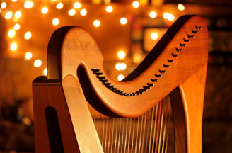 A close up of a musical instrument with lights in the background
