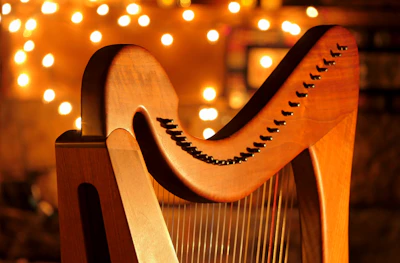 A close up of a musical instrument with lights in the background