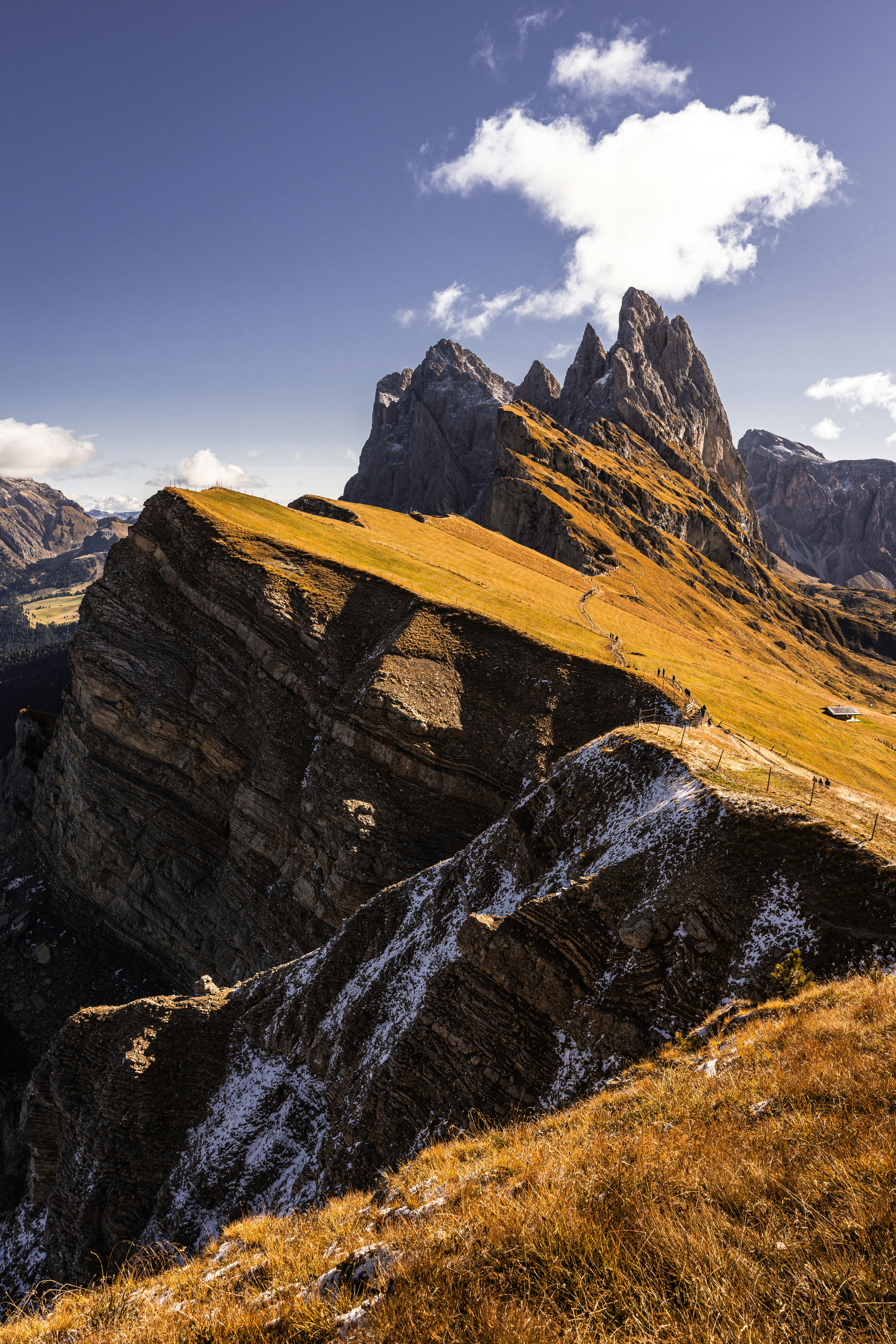 A view of a mountain range from the top of a hill