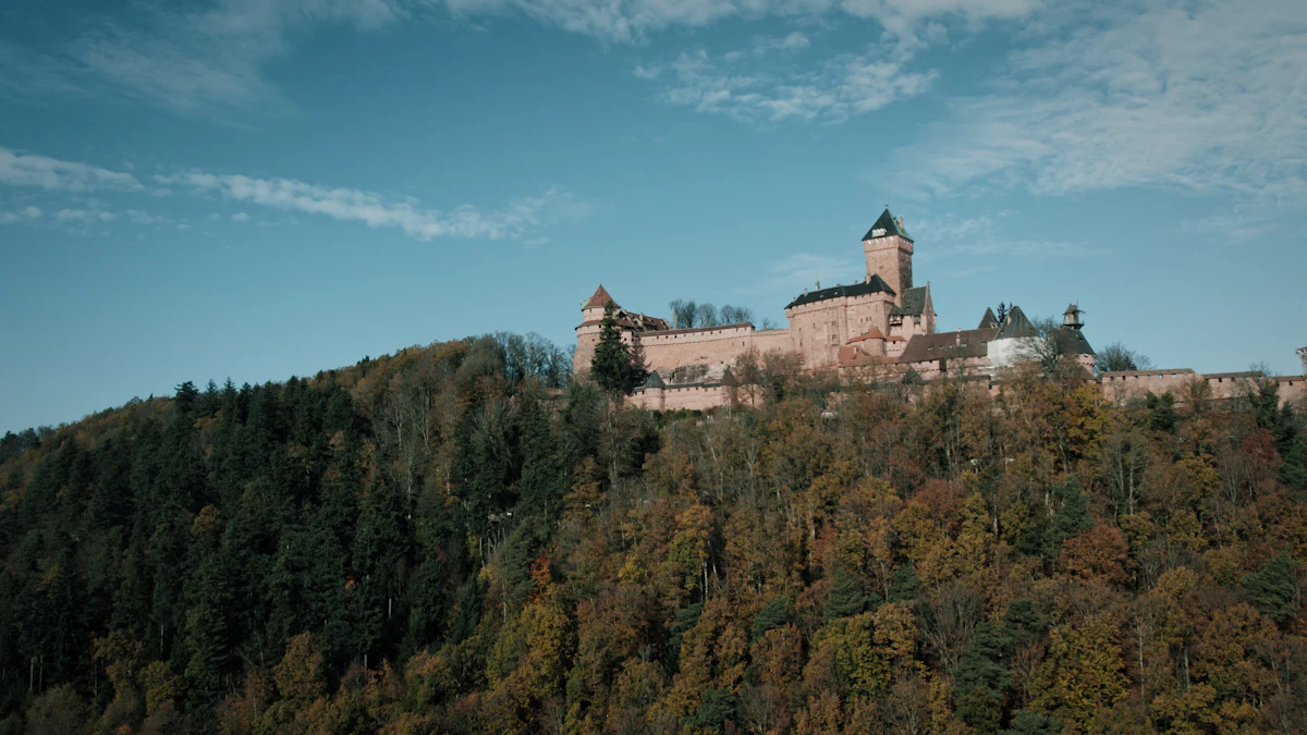 Haut-Koenigsbourg castle on its forested hilltop, seen from near Kintzheim