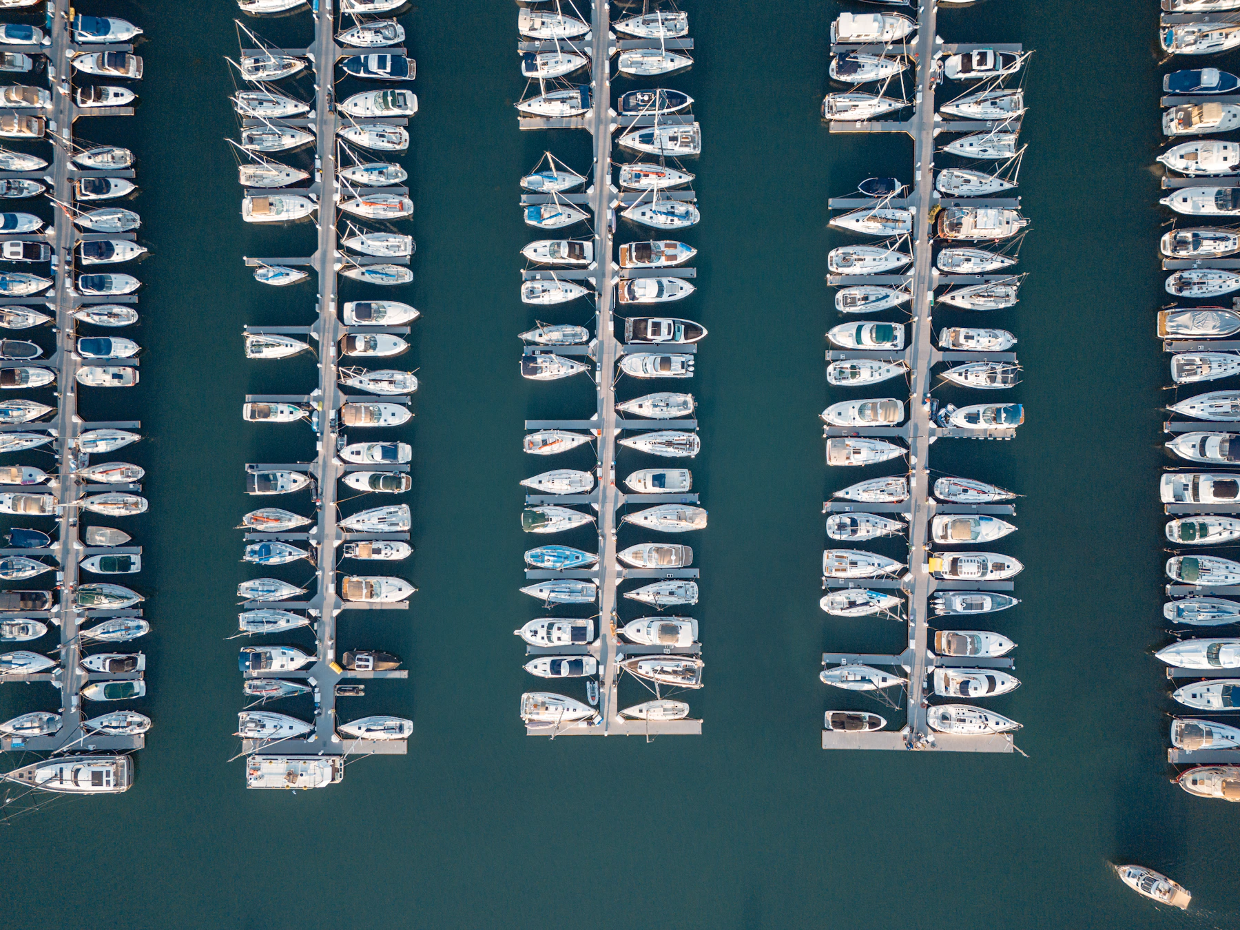 Aerial view of boats docked in a Chicago-area harbor