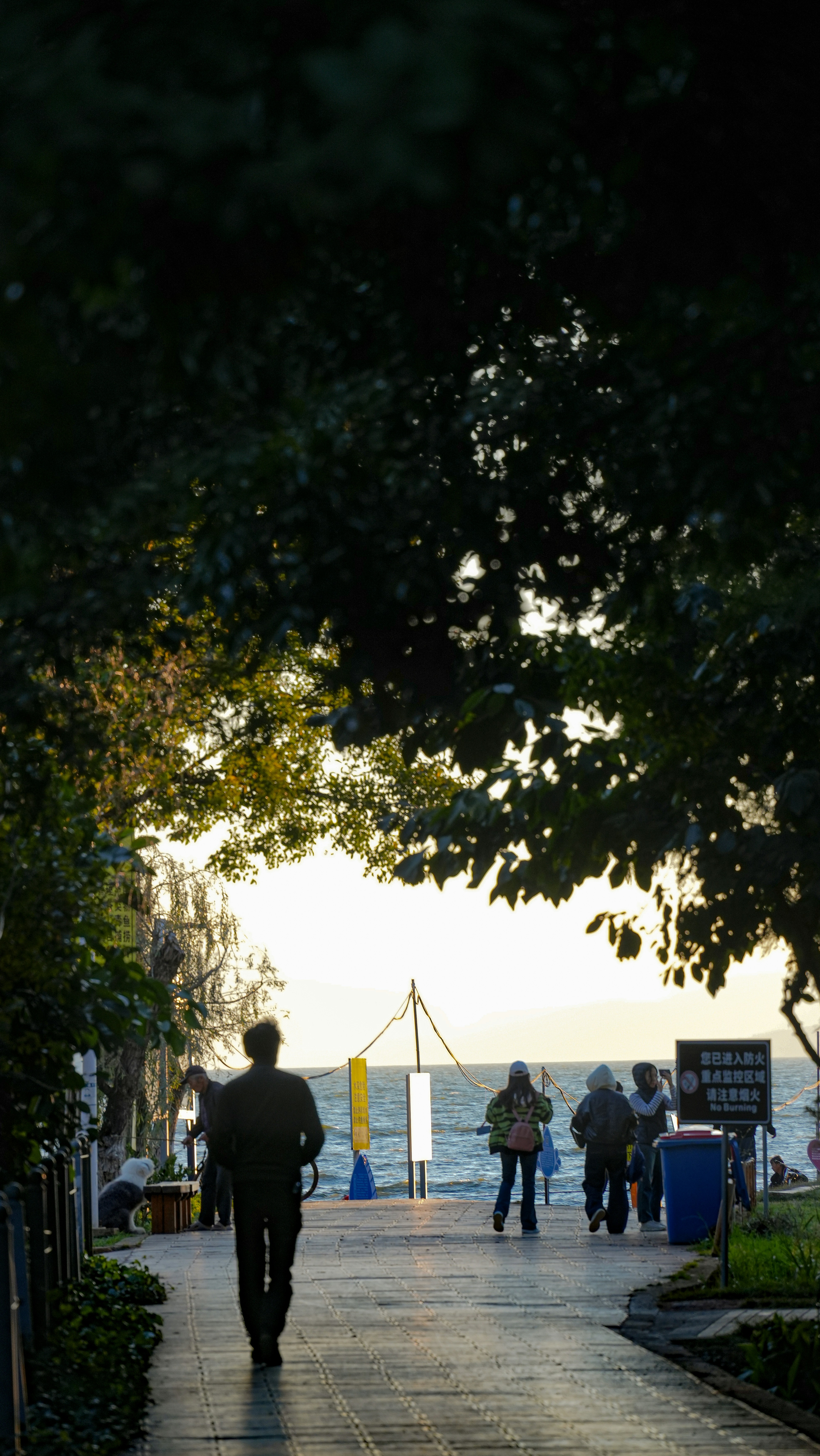 A man walking down a sidewalk next to the ocean
