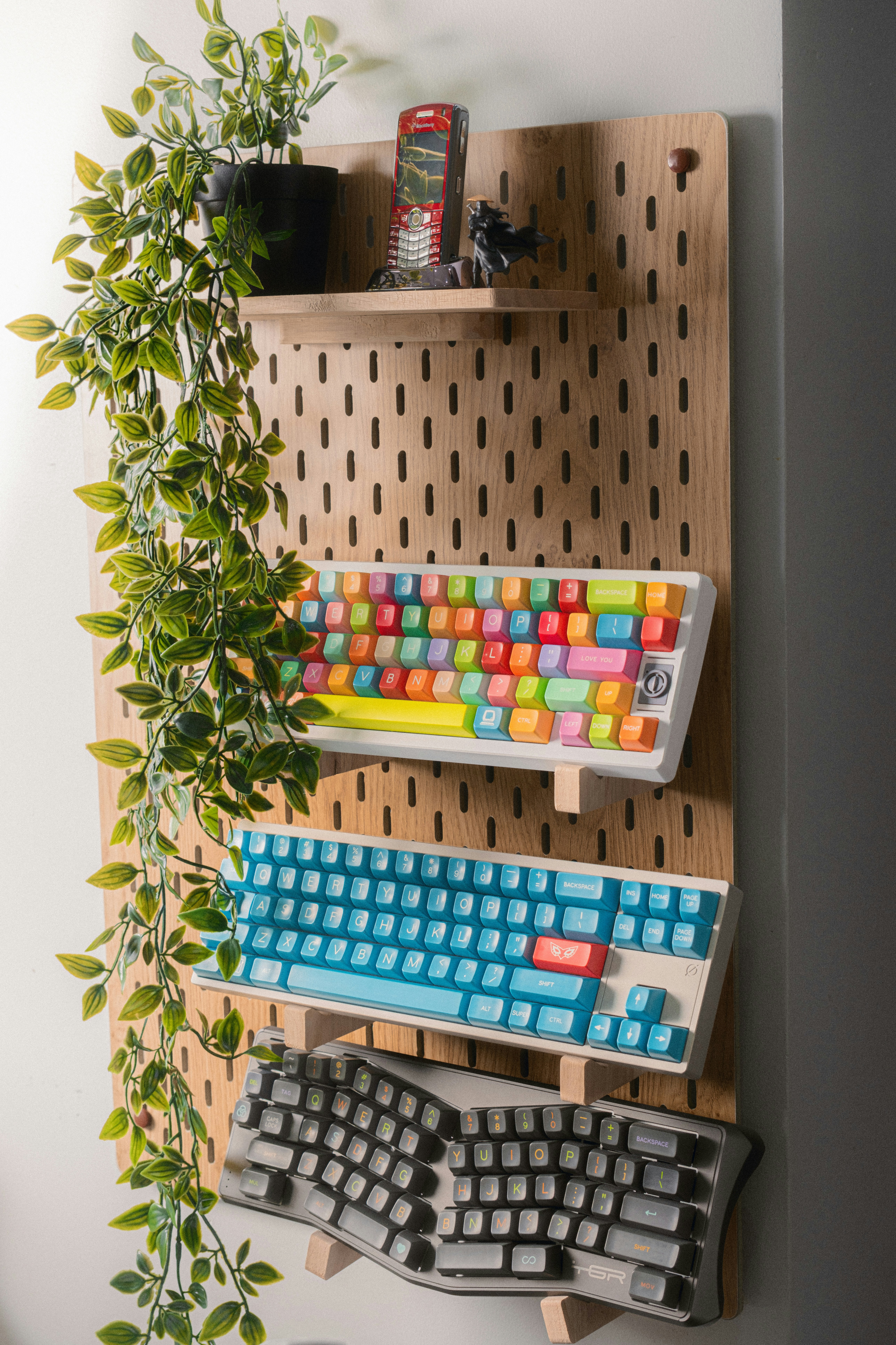 A computer keyboard mounted to a wall next to a plant