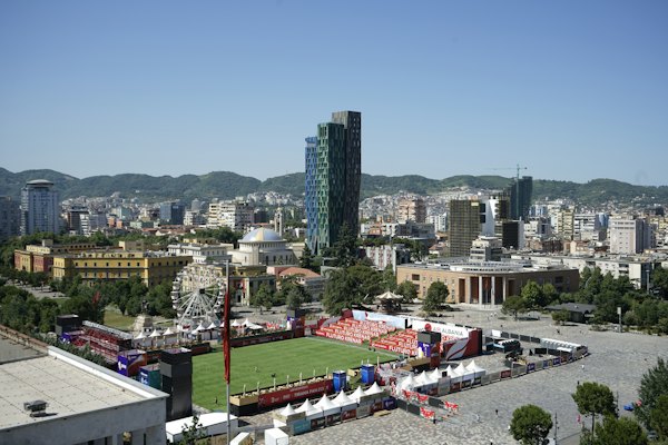 An aerial view of a soccer field in a city — Tirana, Albania