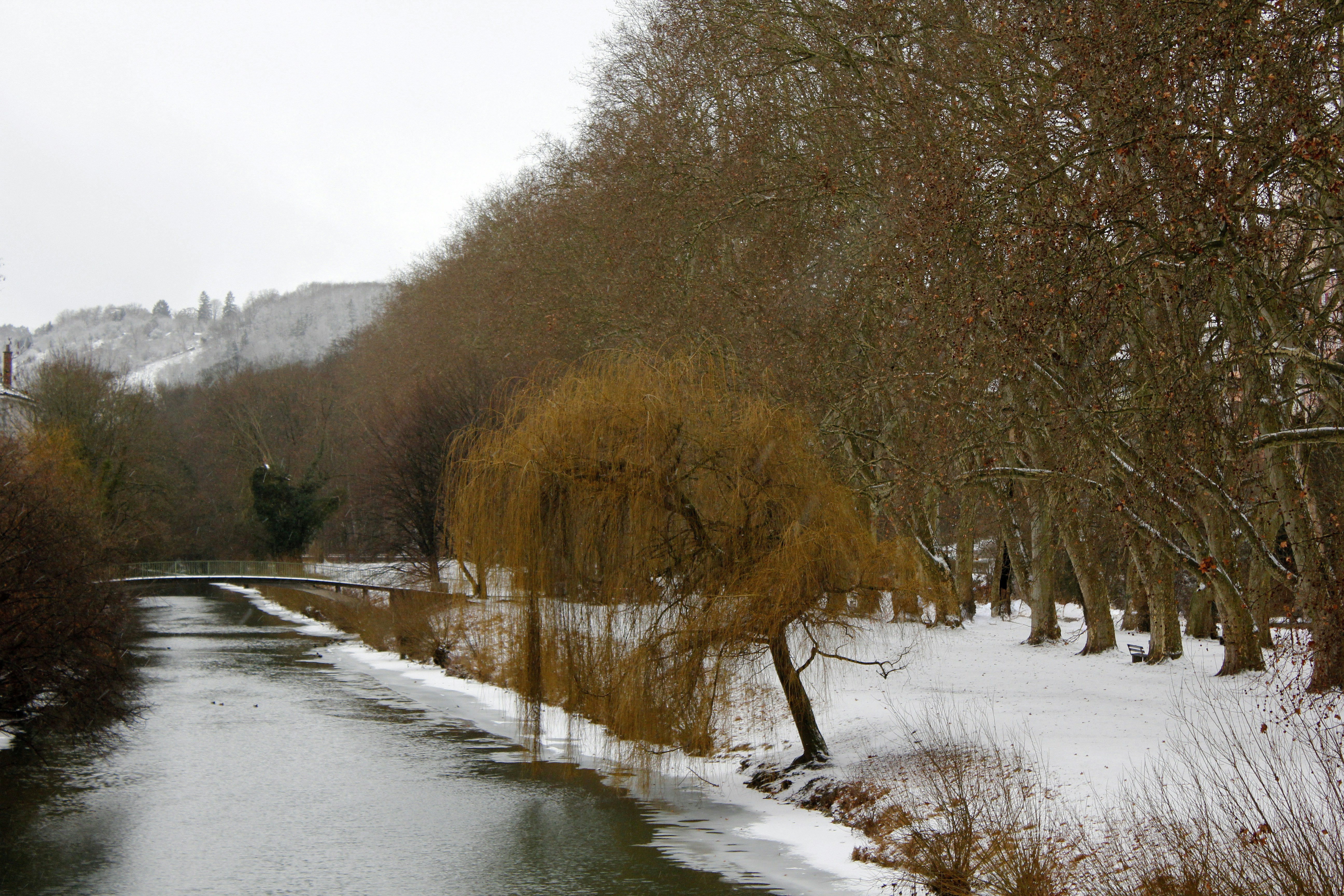 A river running through a snow covered forest
