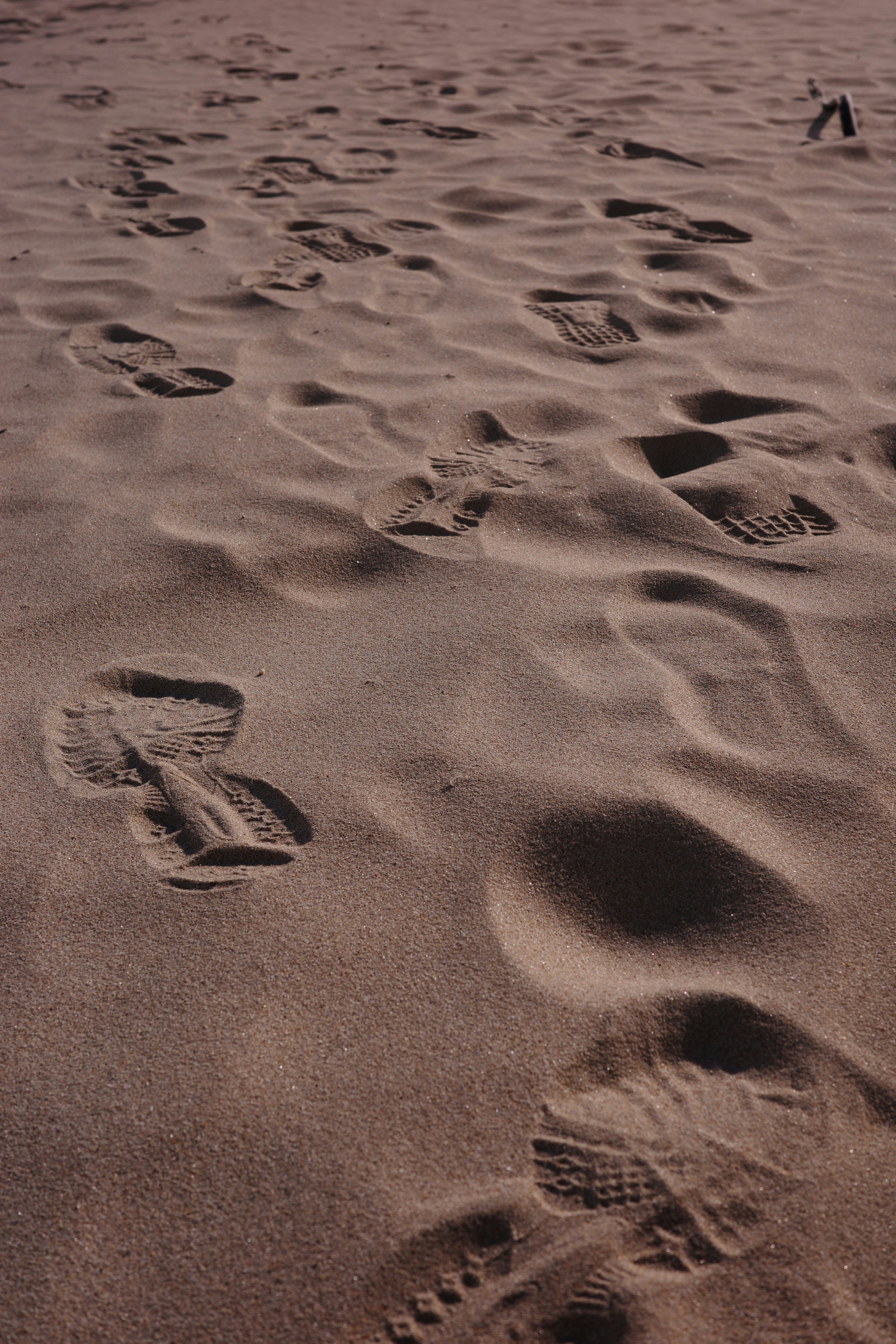 Fußabdrücke im Sand eines Strandes bei Sonnenuntergang
