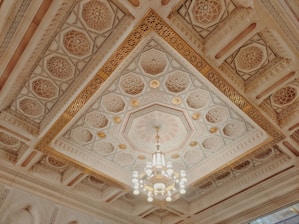 A chandelier hanging from the ceiling of a room