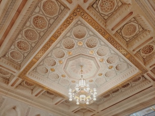 A chandelier hanging from the ceiling of a room
