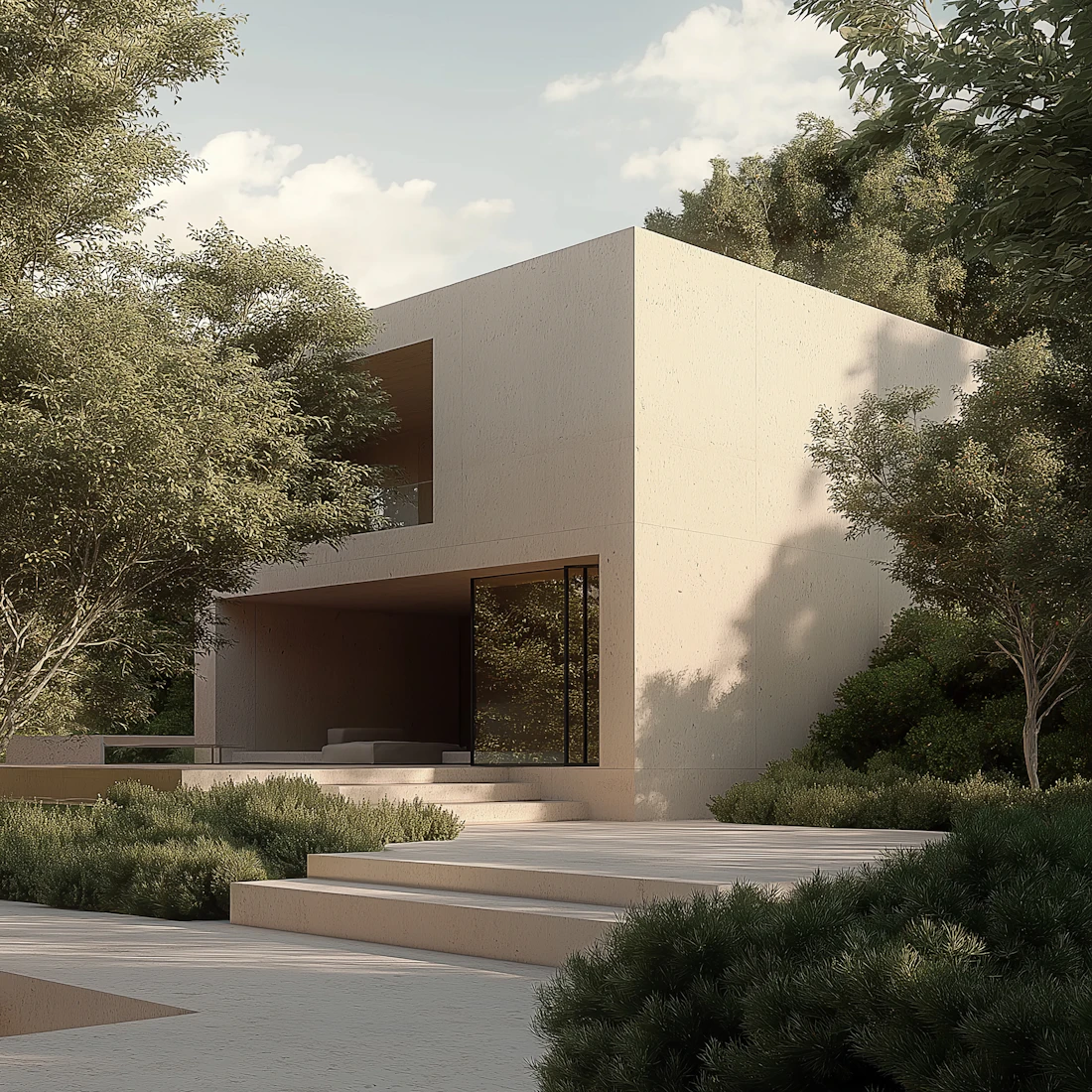 Contemporary sand-coloured house among trees