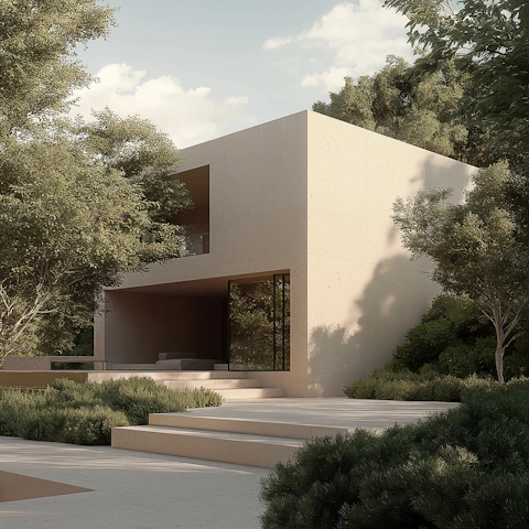A house in the middle of some trees and bushes
