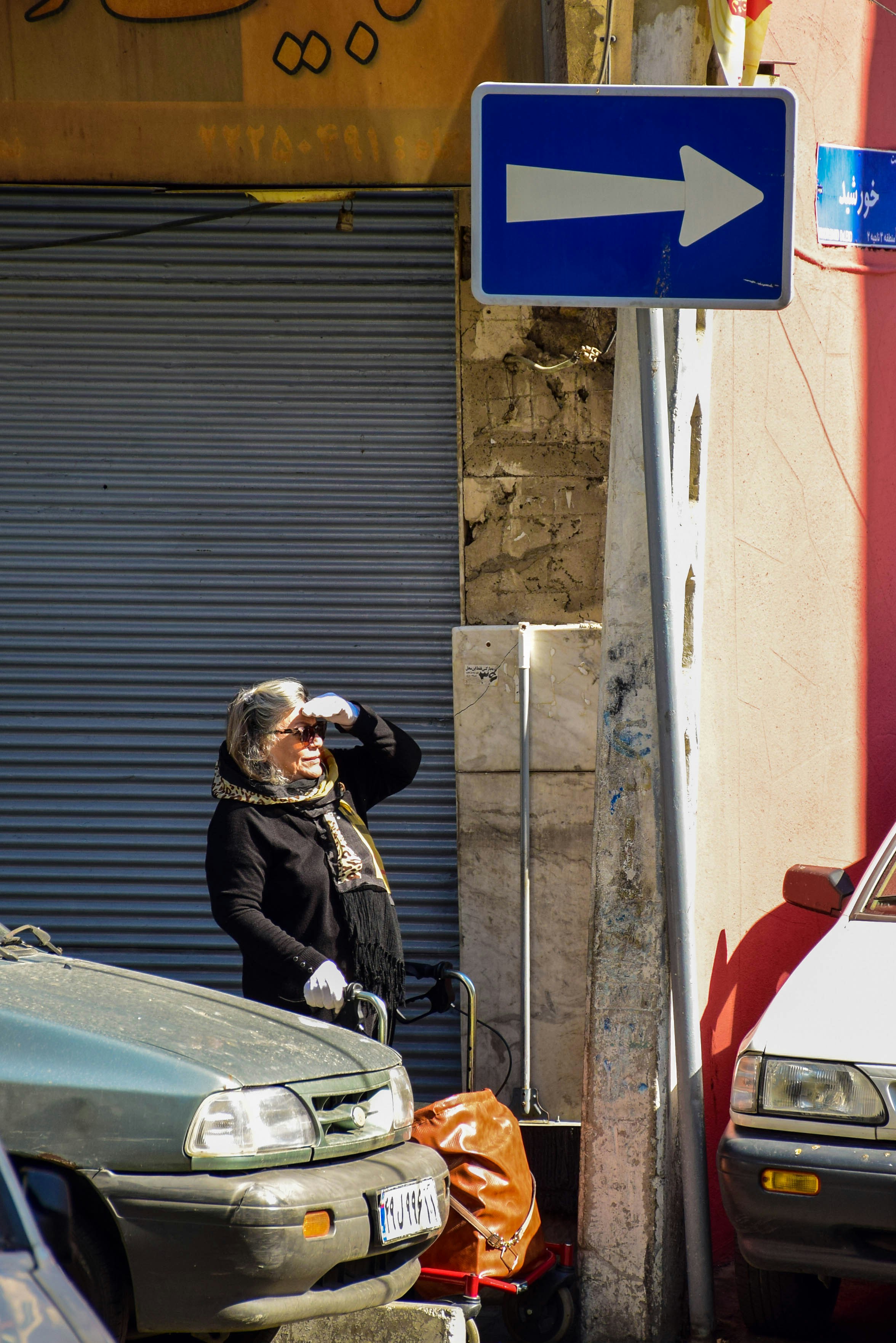 Eine Frau, die ein Foto von einem Auto macht, das am Straßenrand geparkt ist
