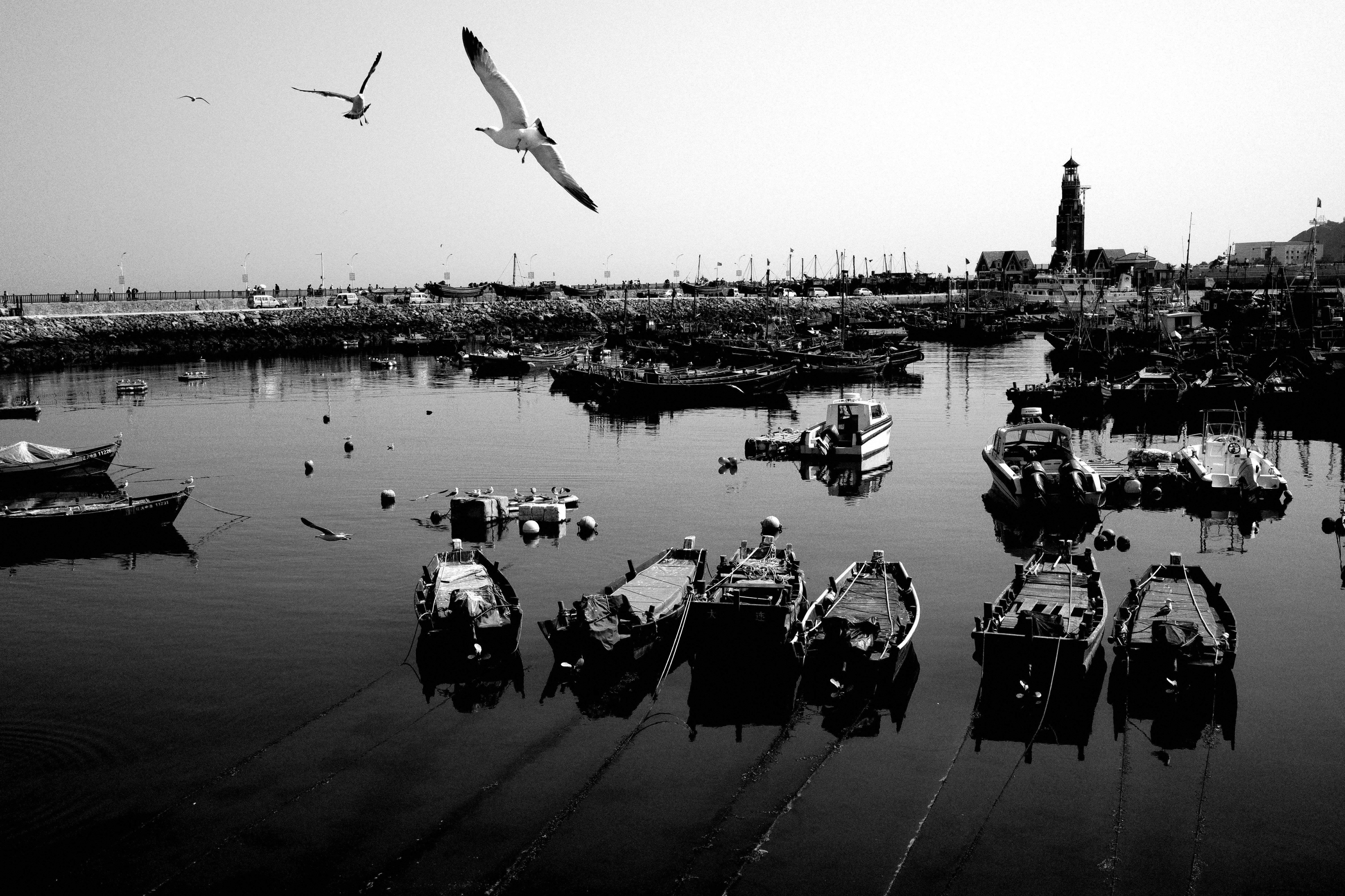 A black and white photo of boats in a harbor