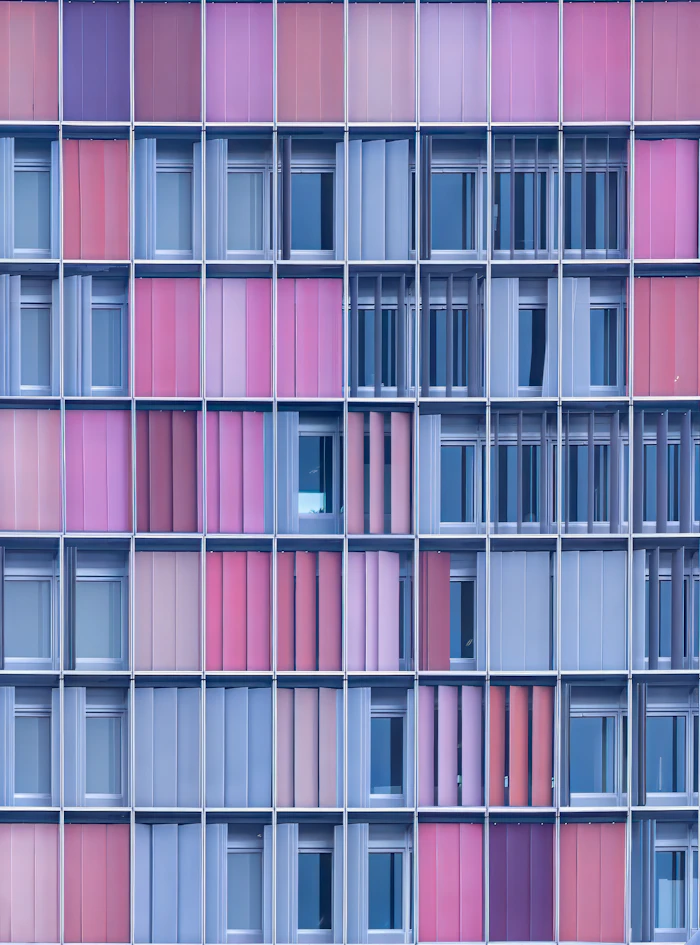 Blue and purple geometric building facade