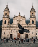 A large church with a bird flying in front of it