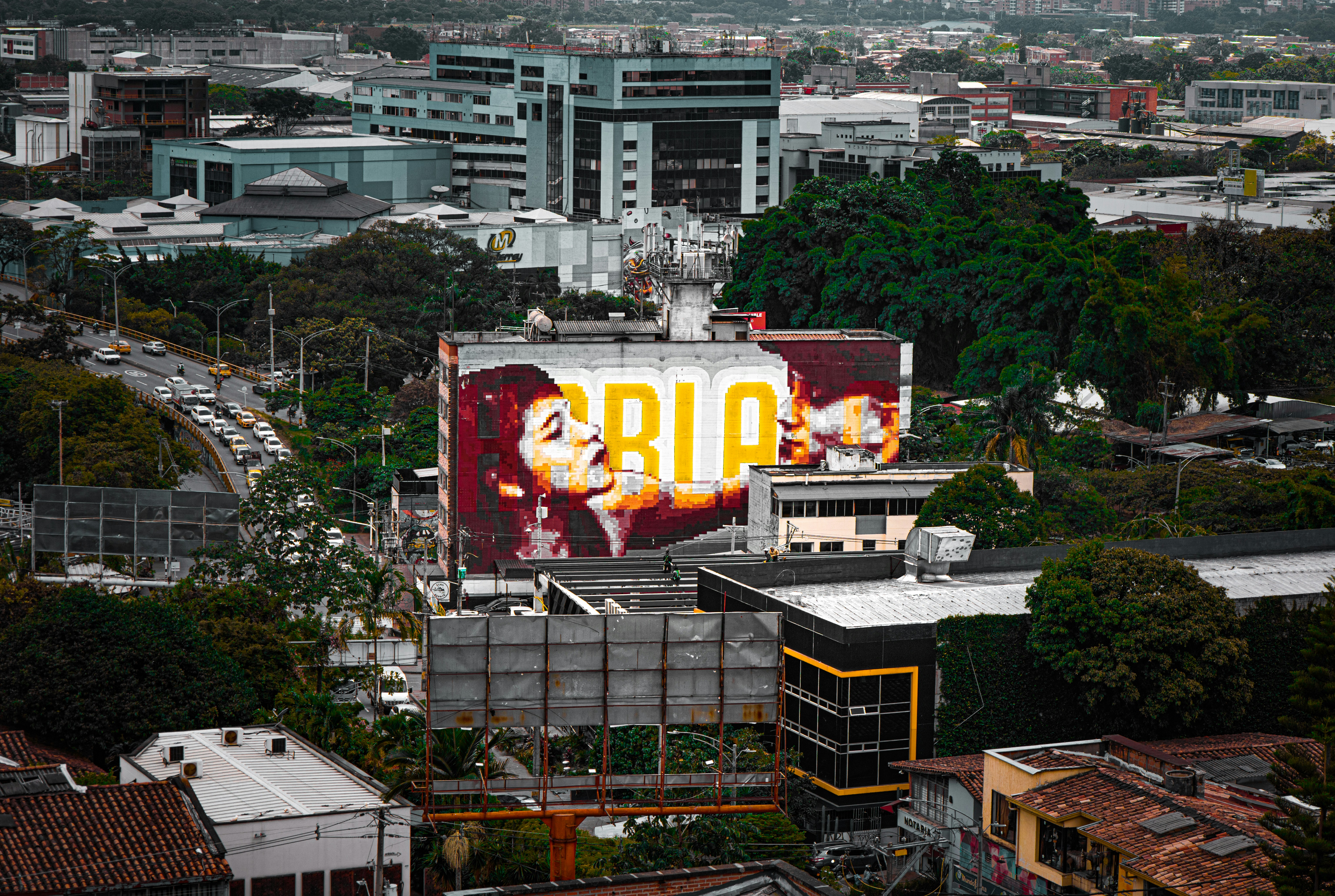 A large billboard on the side of a building