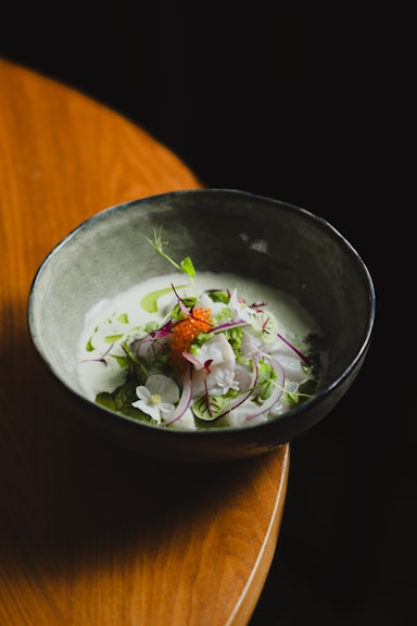 A bowl of food on a wooden table