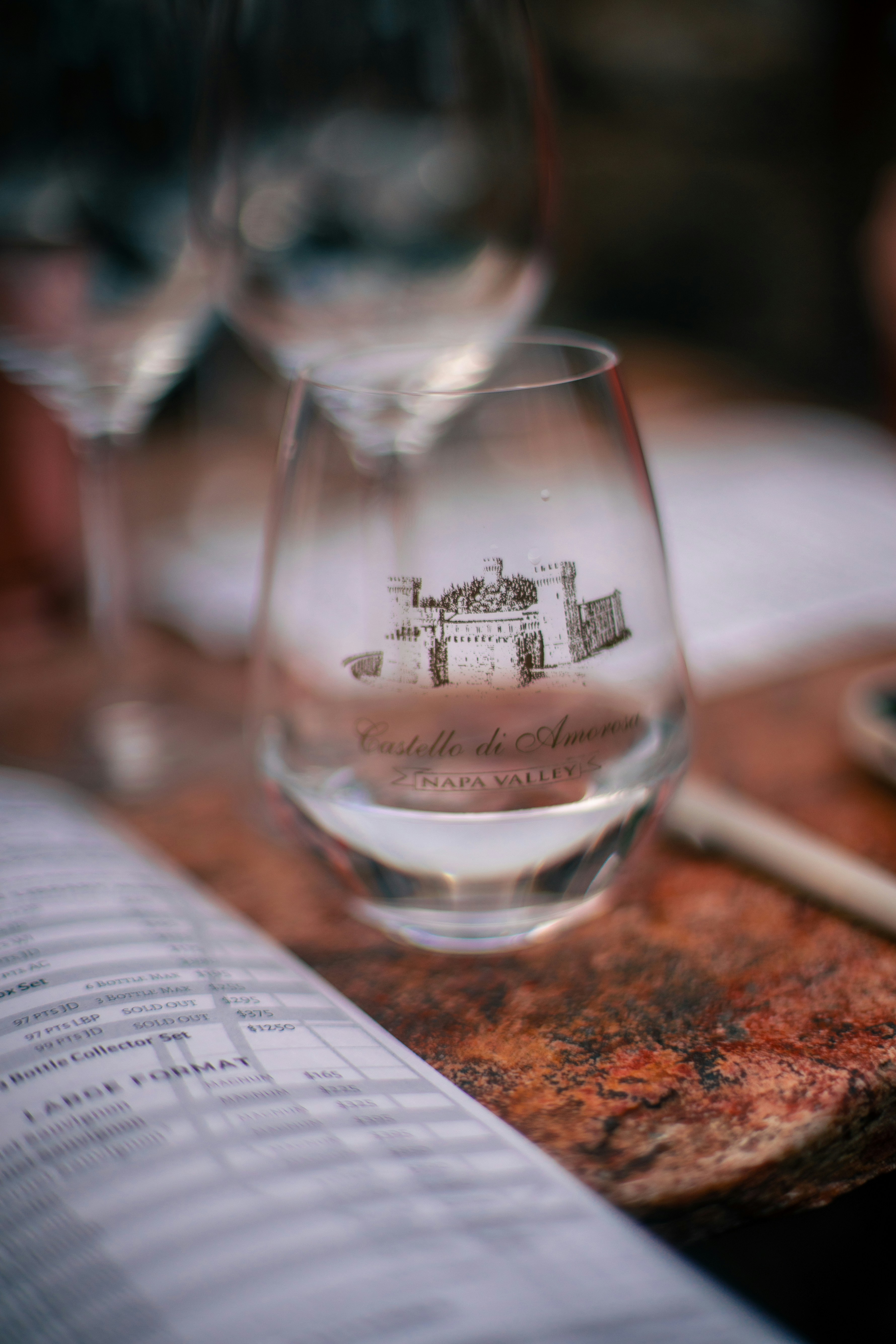 A close up of a wine glass on a table