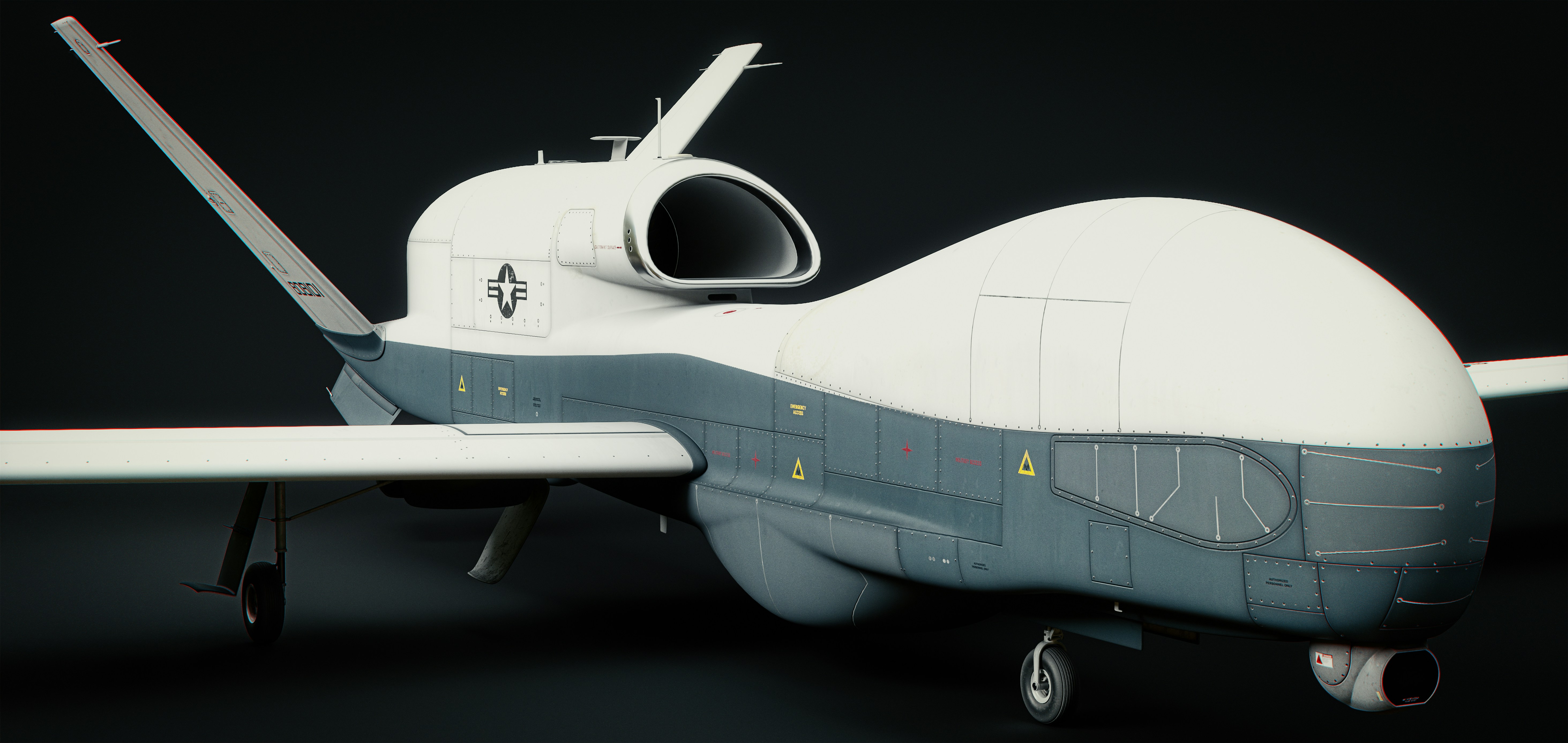 A white and gray airplane with a black background