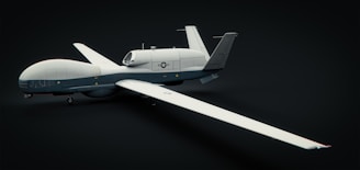 A white and blue model of a plane on a black background