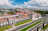 An aerial view of a large building in a city