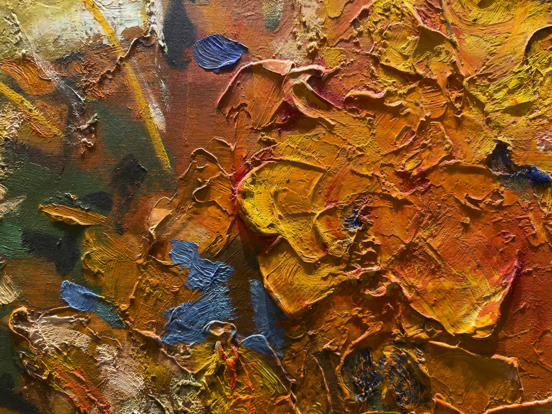 A close up of a painting with many colors
