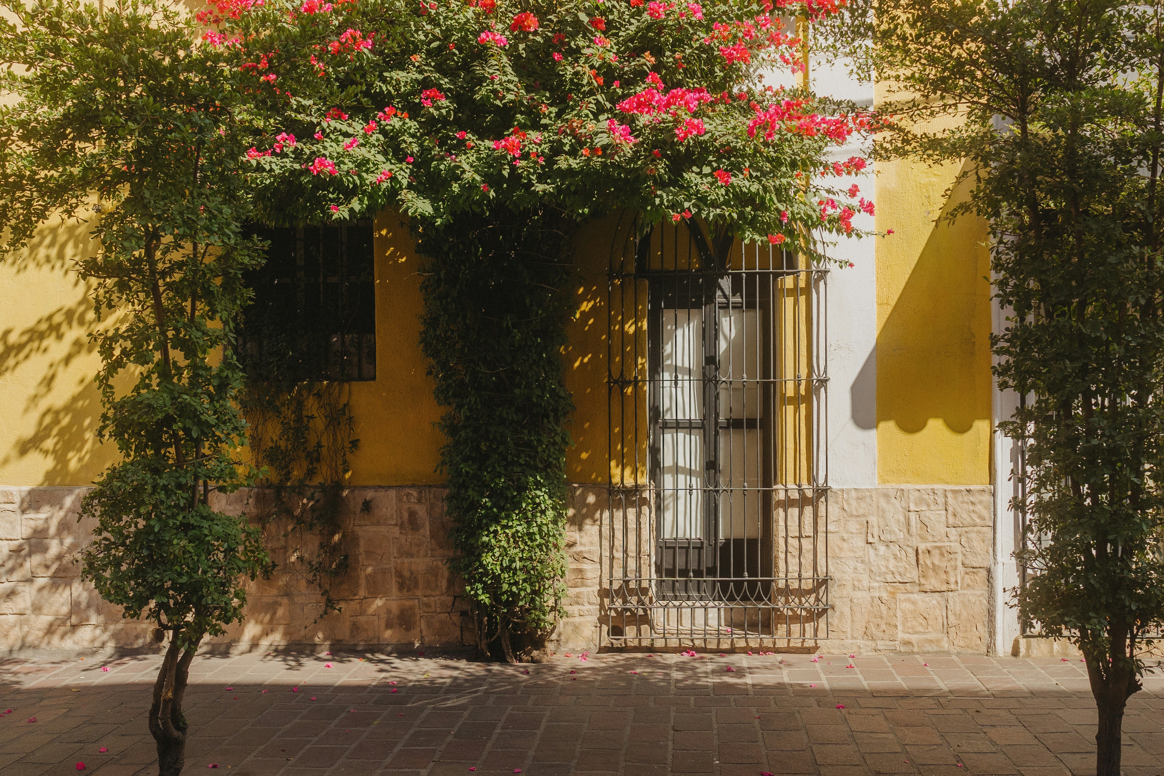 A yellow building with red flowers on it