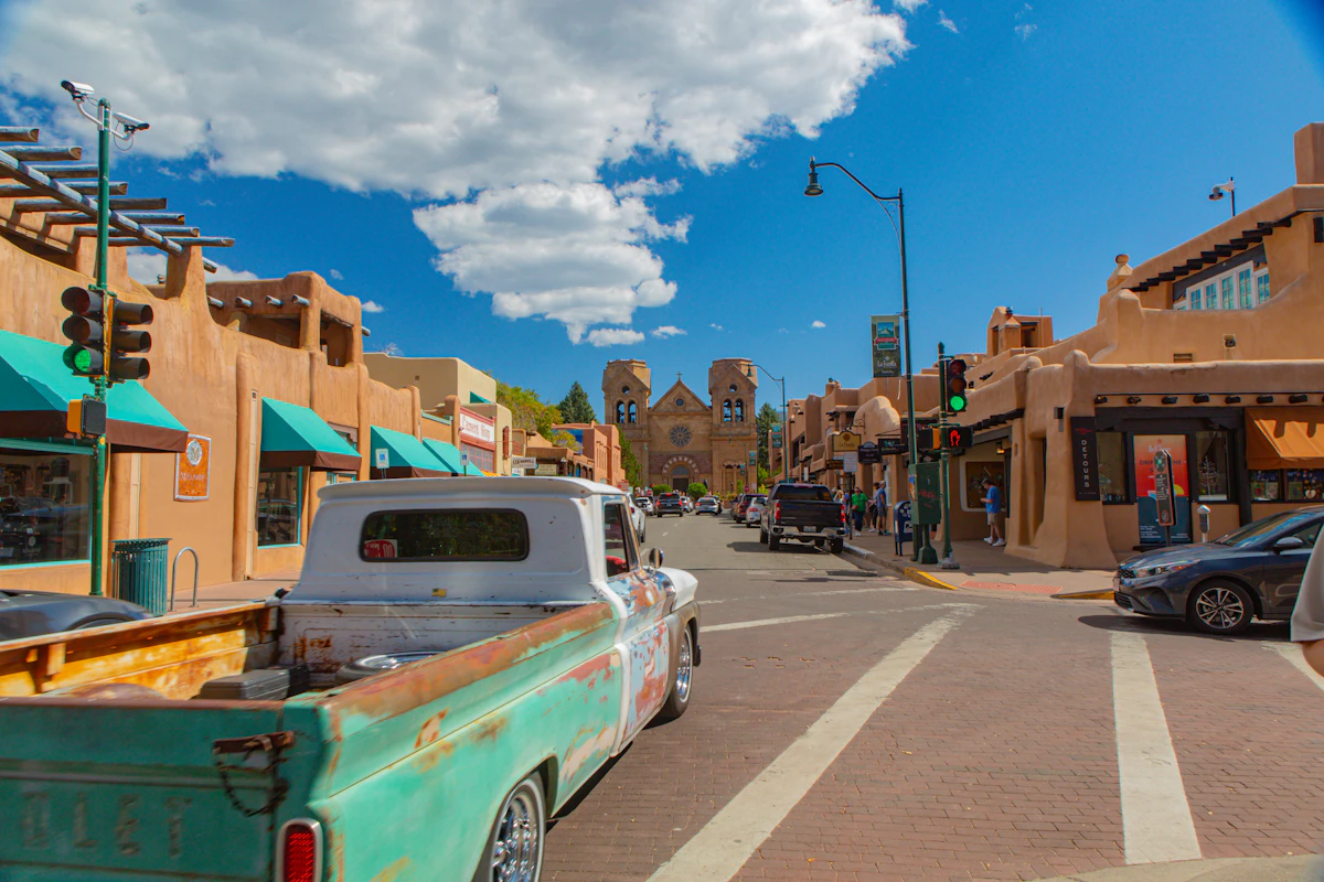 Street along Canyon Road with parked cars
