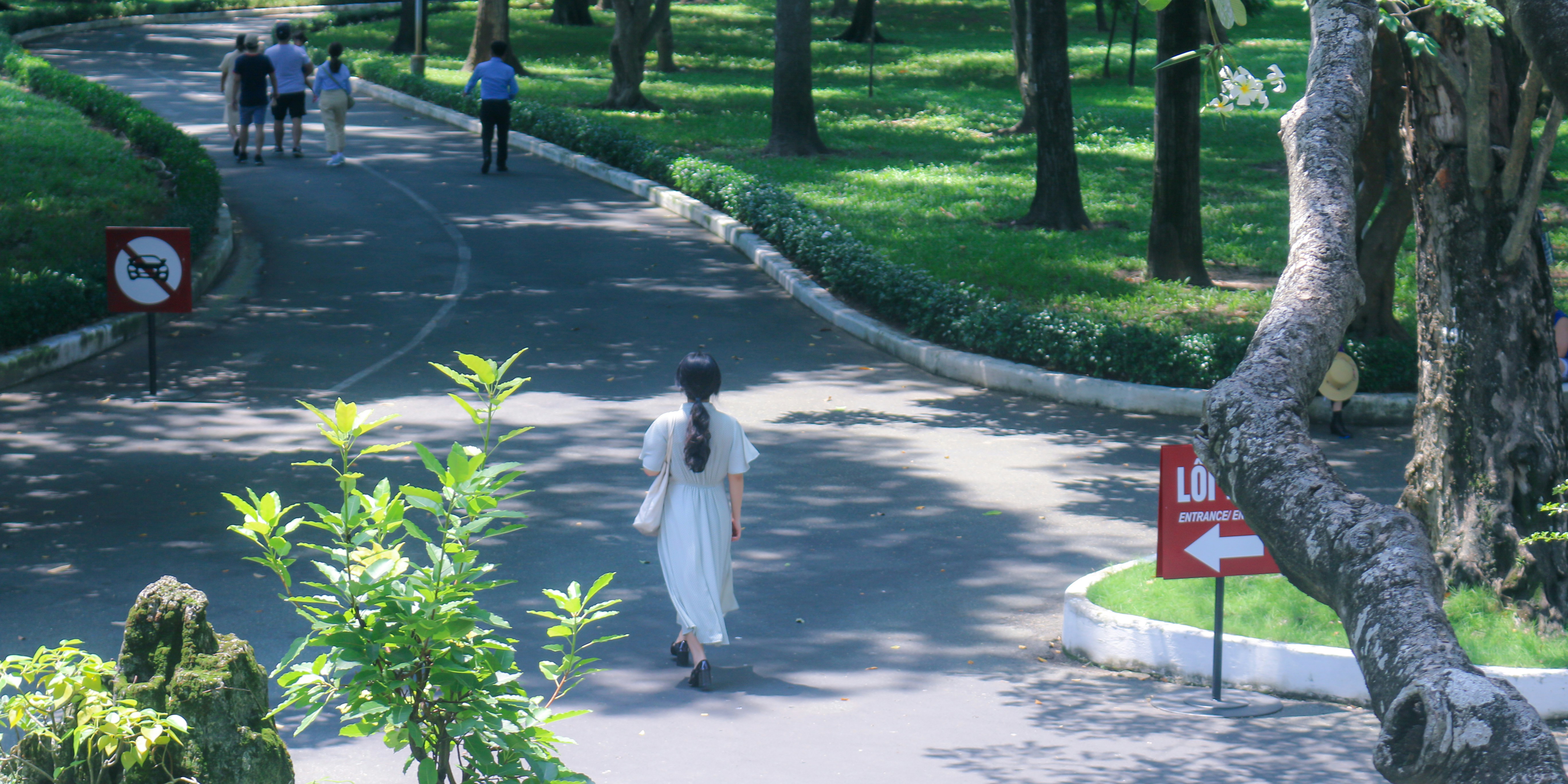 A woman walking down a path in a park