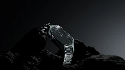 A watch sitting on a rock in the dark