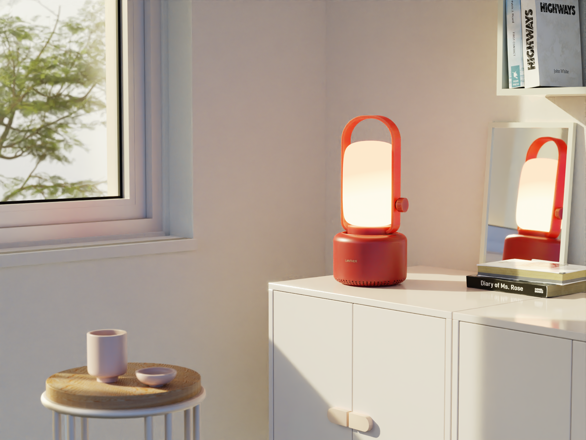 A small table with a lamp on top of it