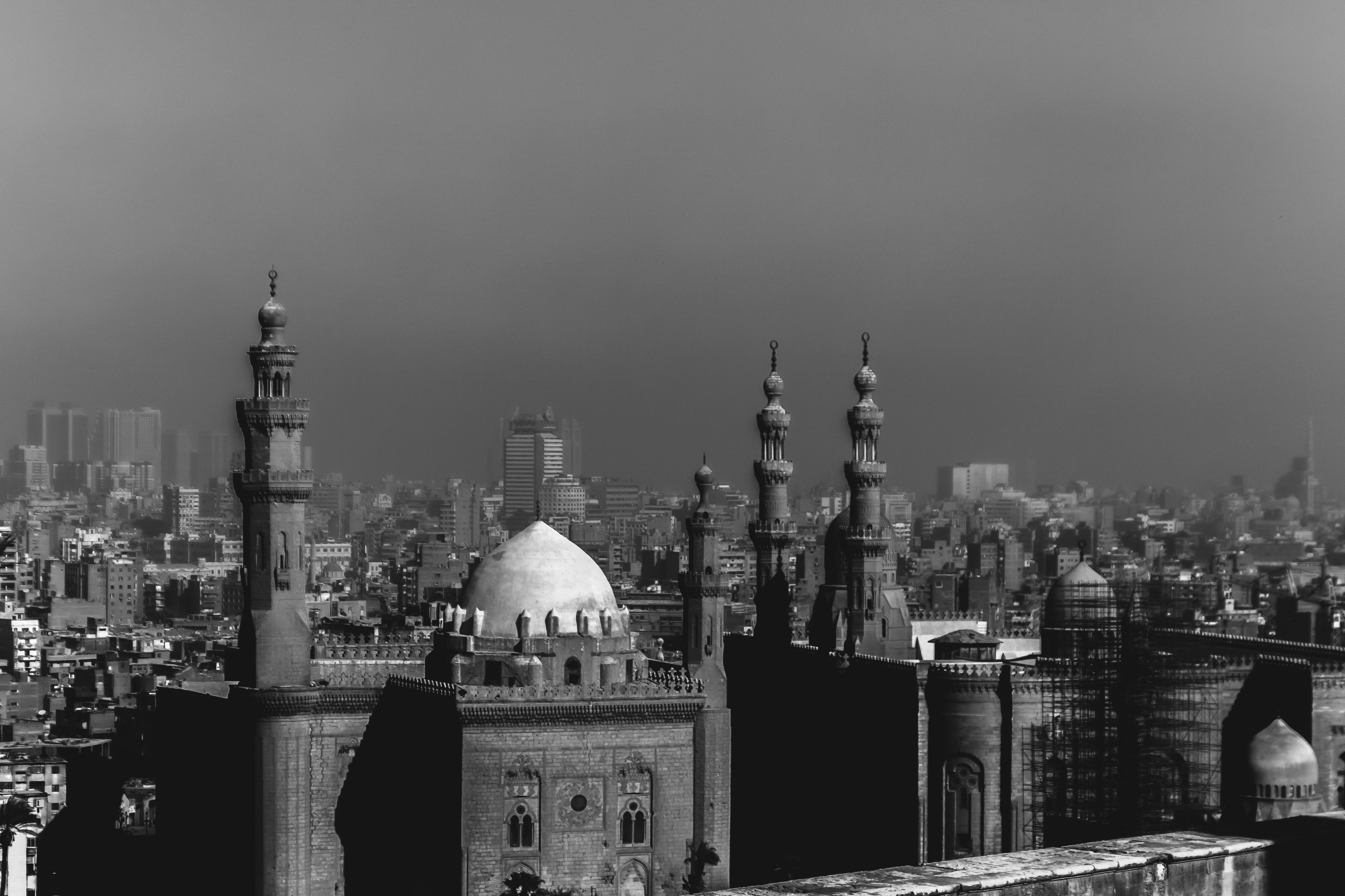 A black and white photo of a city skyline