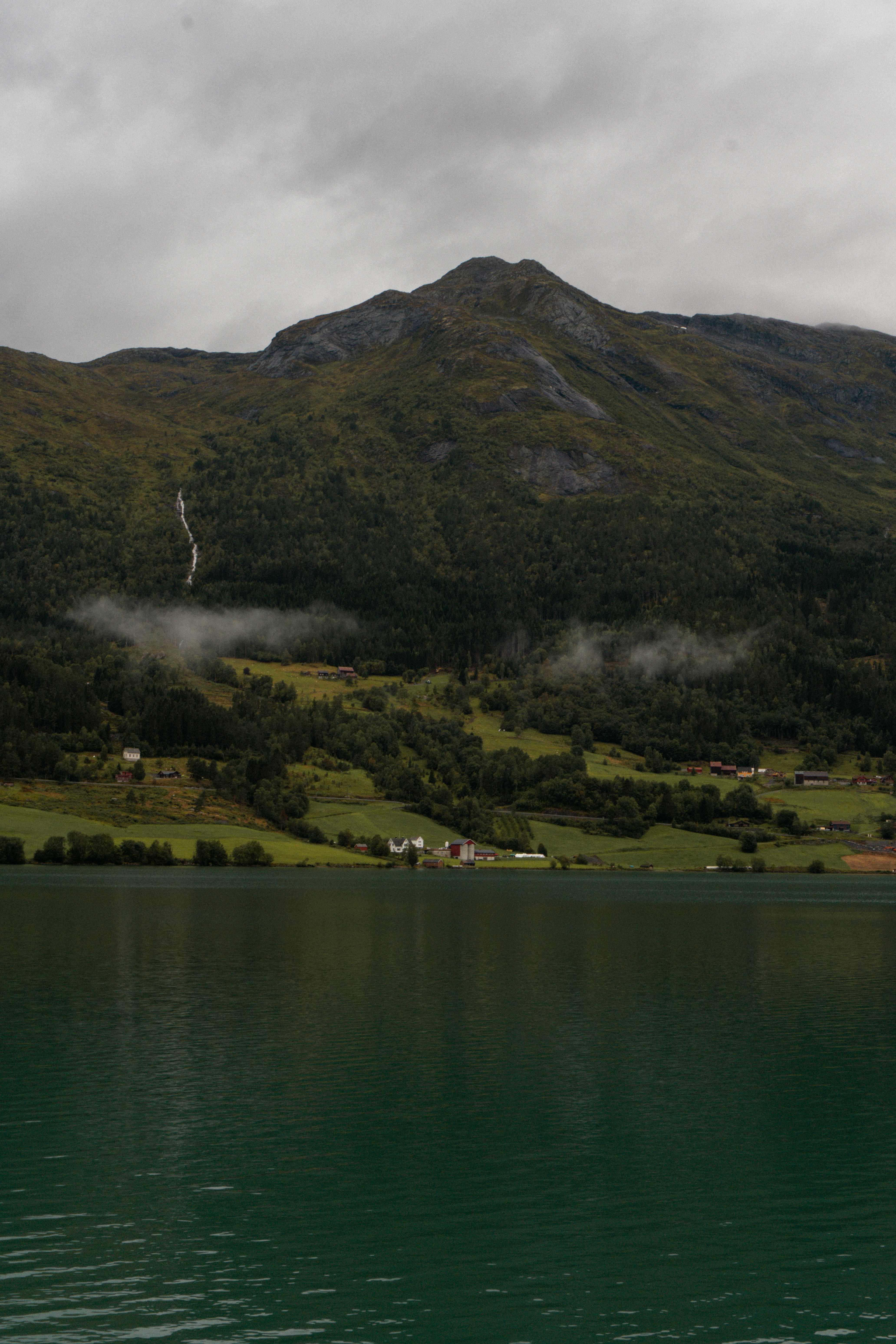 A lake with a mountain in the background