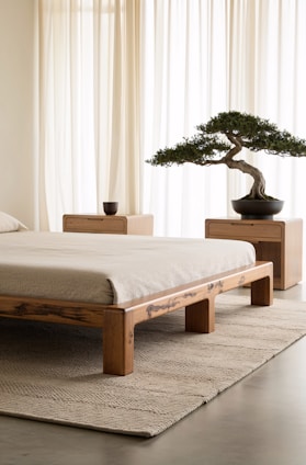 A bedroom with a bed and a bonsai tree