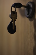 A bunch of keys hanging from a door handle