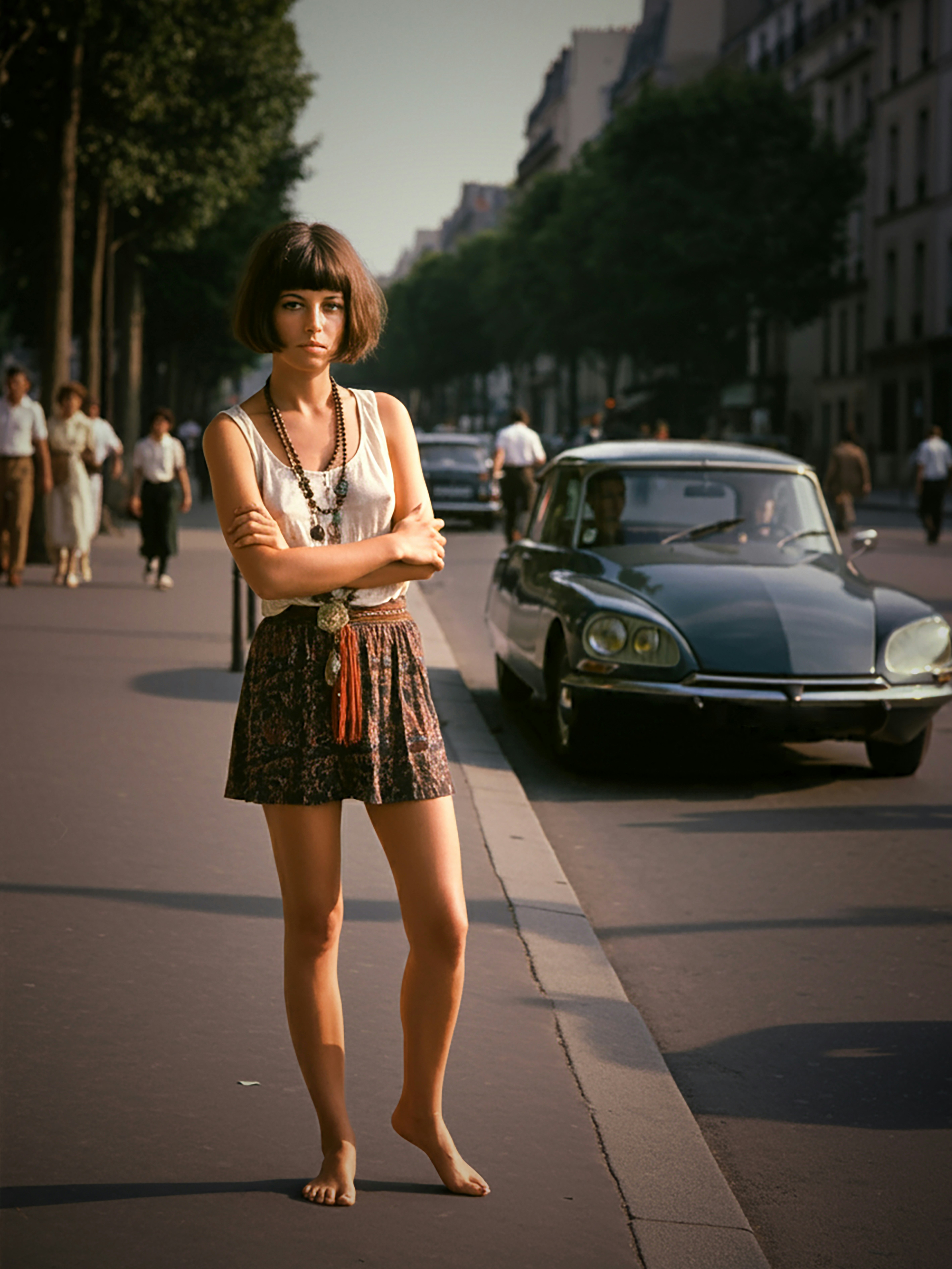 A woman standing on the side of a road next to a car
