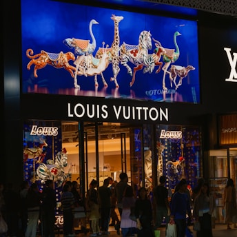 A group of people standing outside of a store