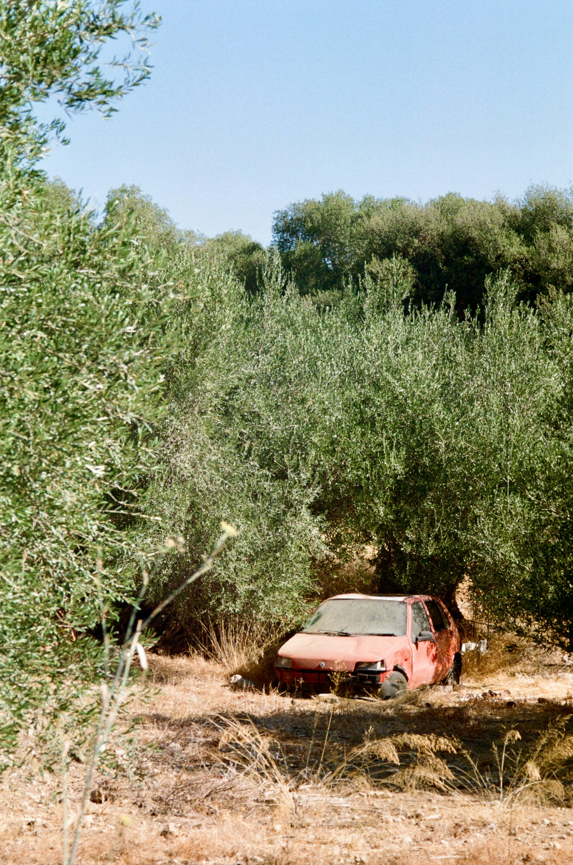 An old car is parked in the middle of a field