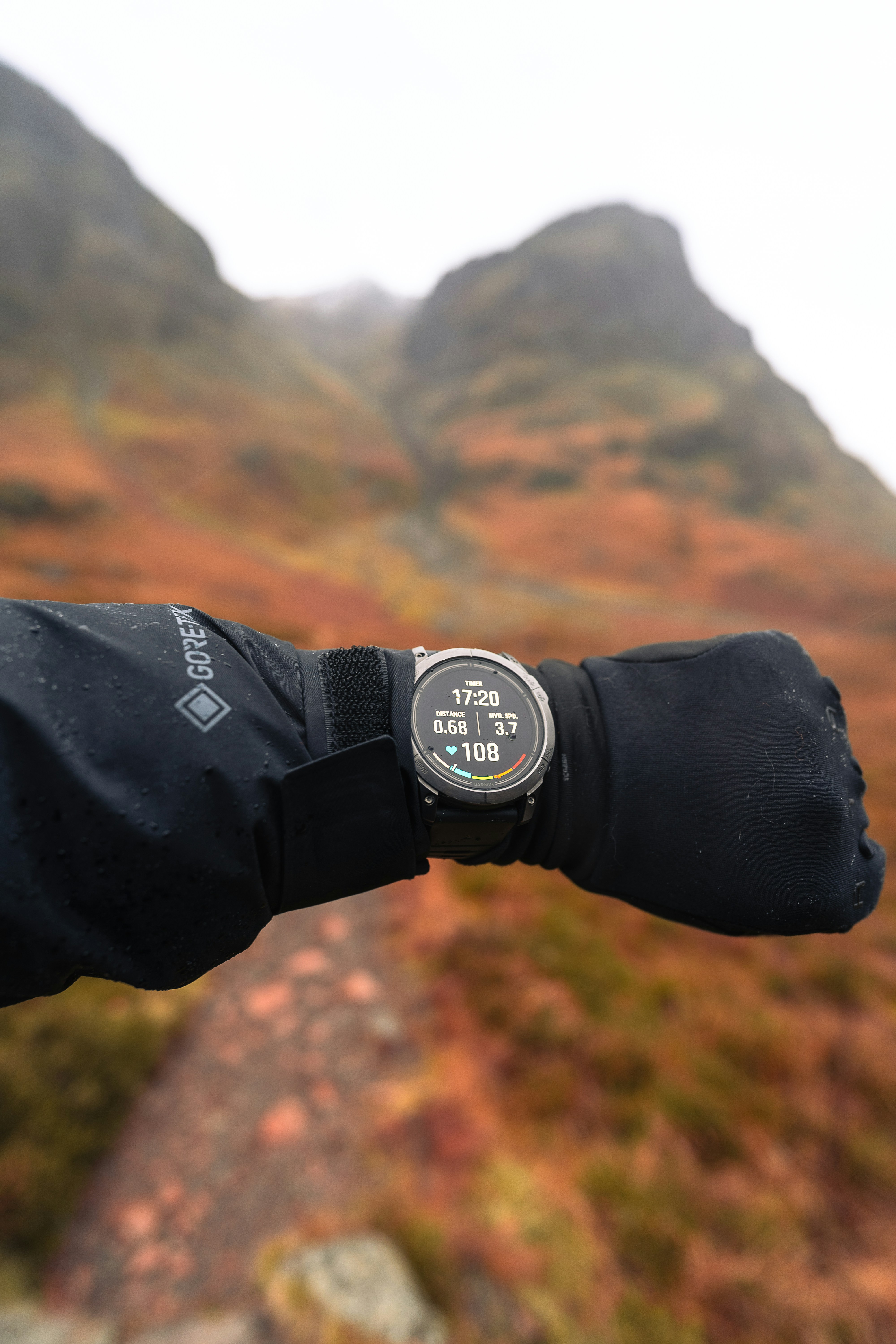 A person wearing a wrist watch with a mountain in the background
